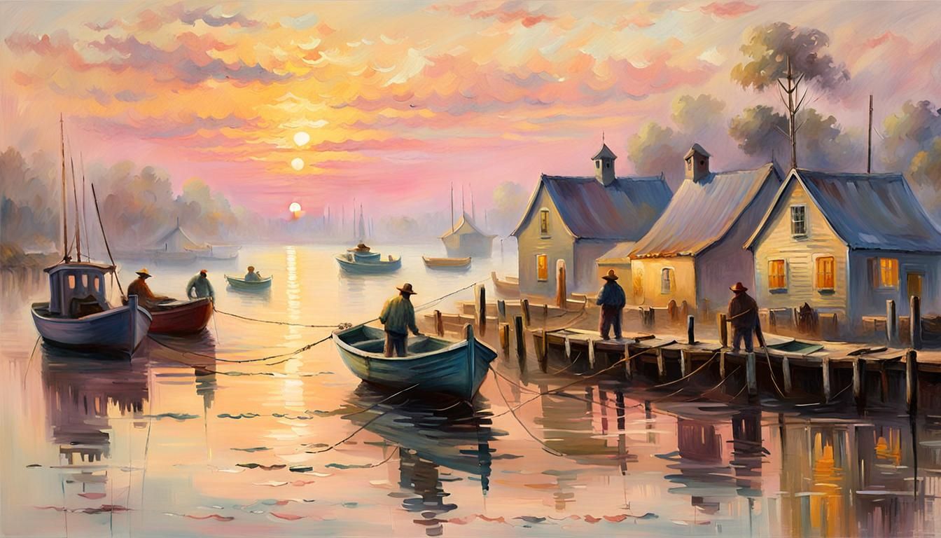Impressionist Sunrise Over Fishing Village