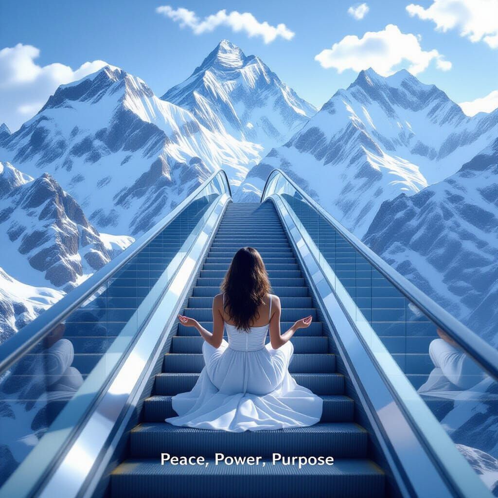 Spiral DNA Escalator in Himalayas with Woman in White Dress