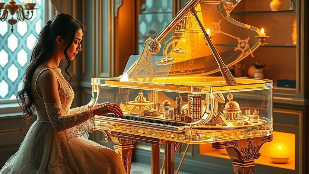 Ethereal Woman Plays Glass Piano Amidst Miniature Sci-Fi Wor...