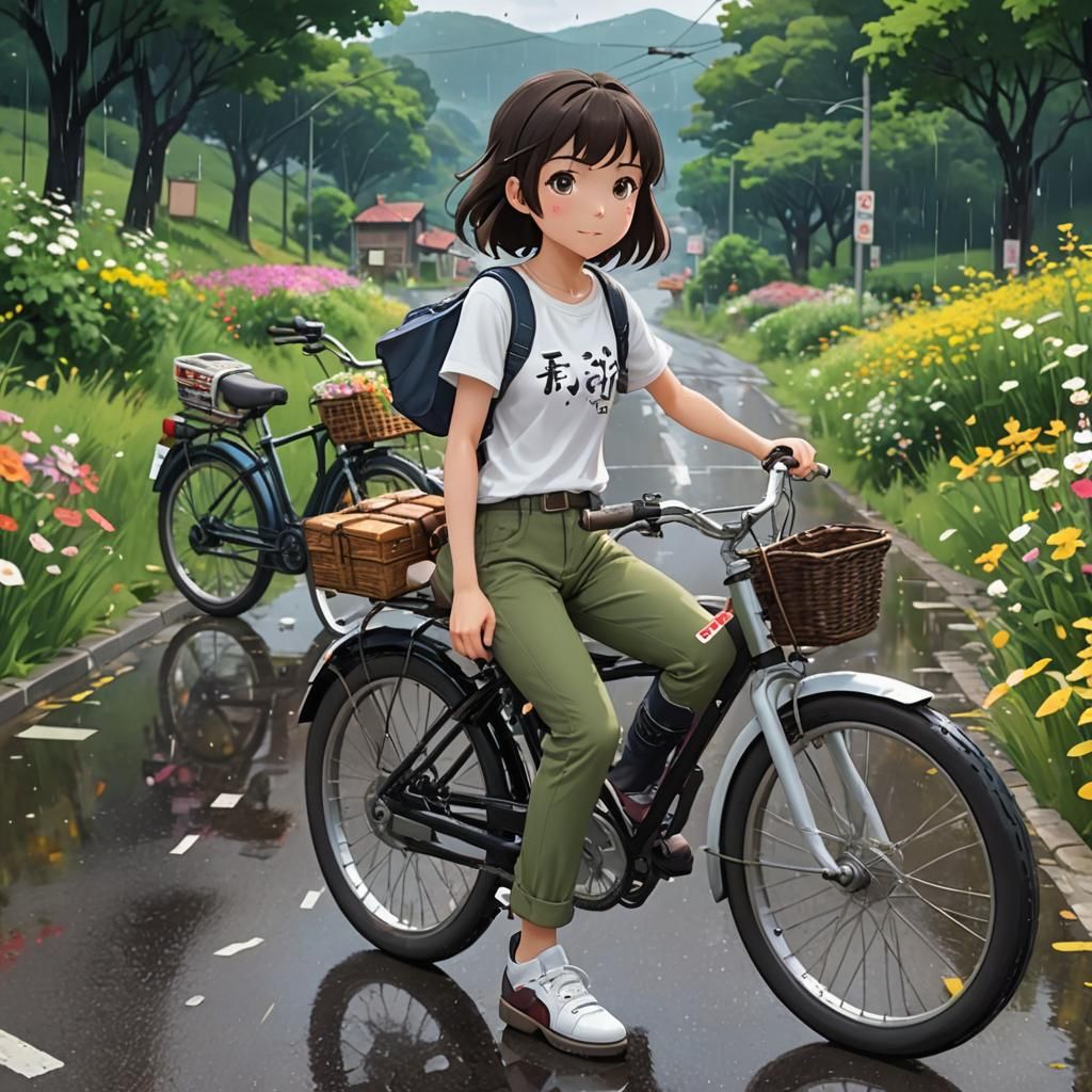 Girl on Bike in Anime-Style 3D Render