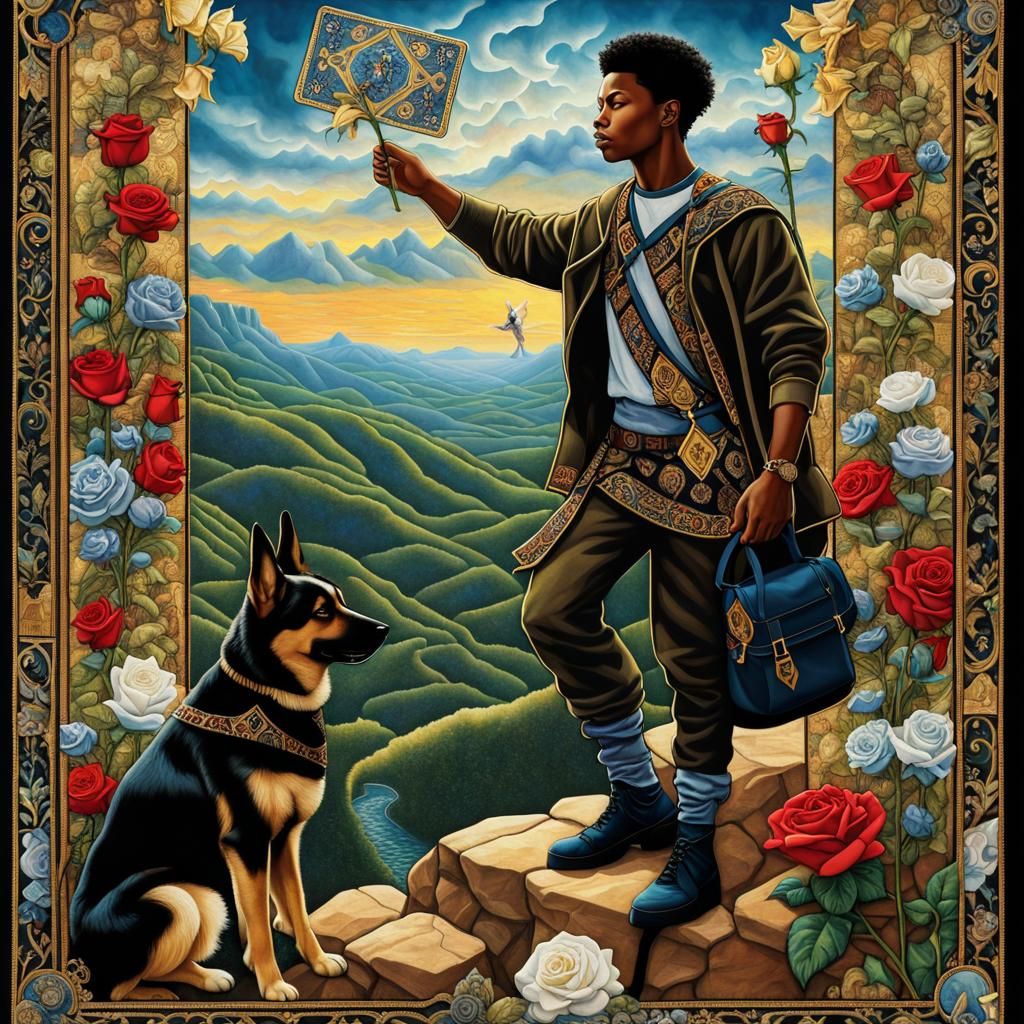 The Fool Tarot Card in Quilted Fabric Tapestry