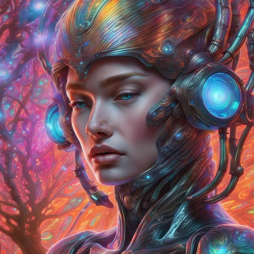 envision a psychedelic organic cyborg encapsulated in hologr...