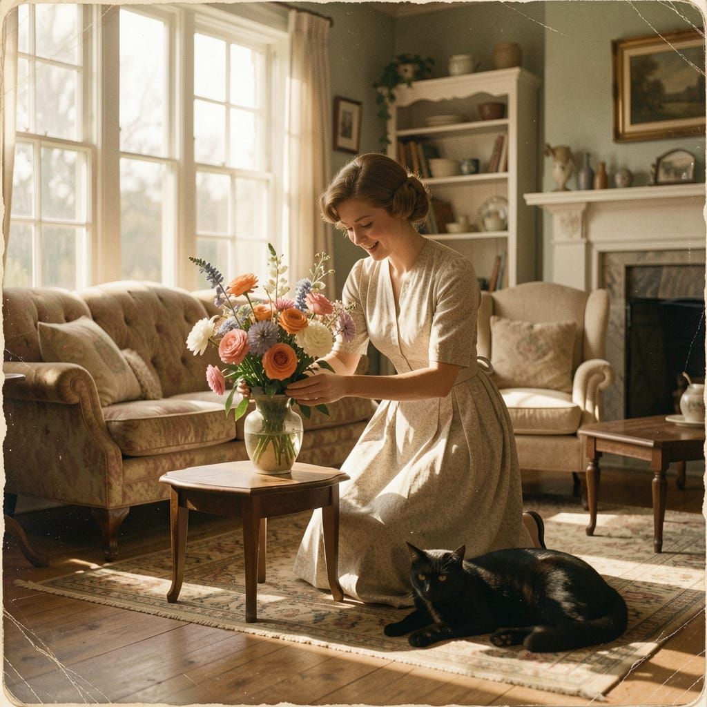 1940s Farmhouse Scene: Lady Arranges Flowers with Cat