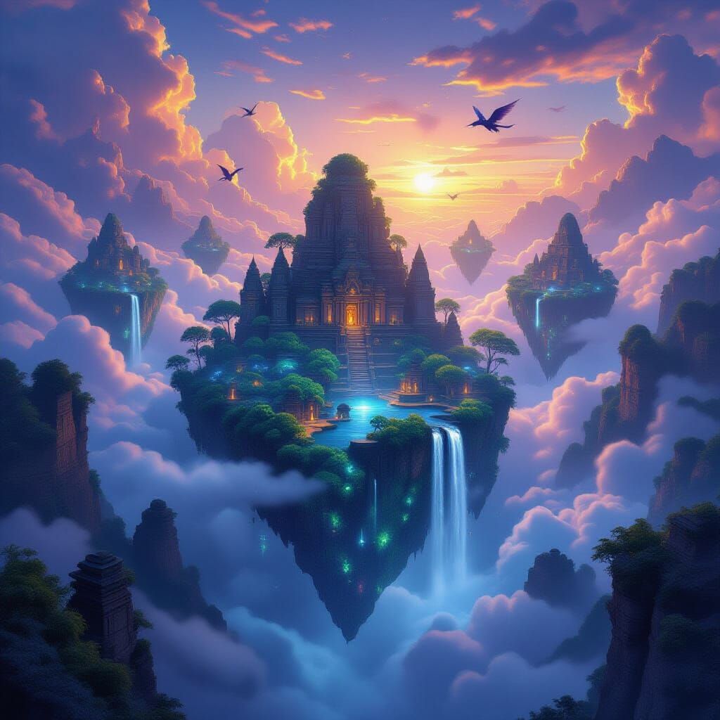 Surreal Floating Islands with Bioluminescent Forests