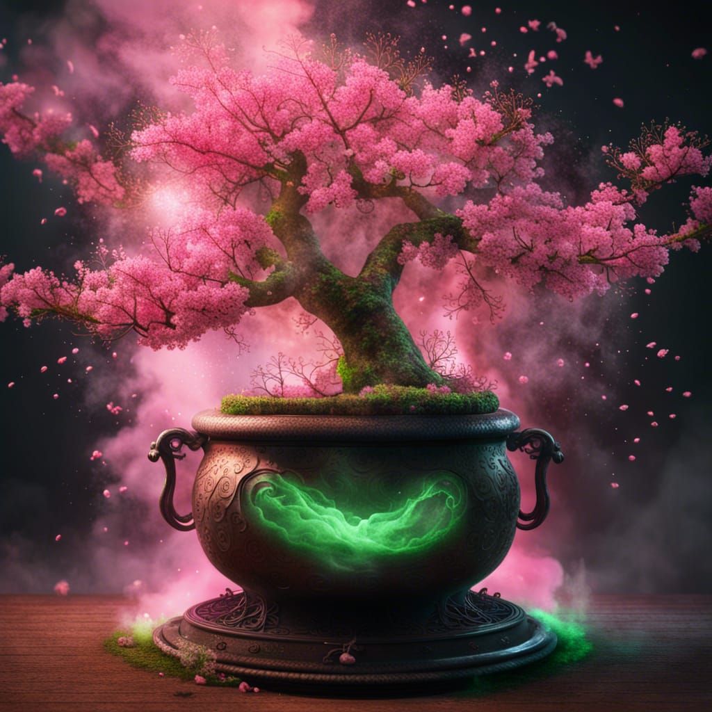 Magical Cherry Blossom Tree Emerges from Cauldron