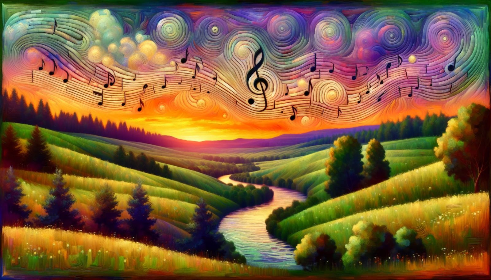 Musical Landscape in Impressionist Style with Sunset