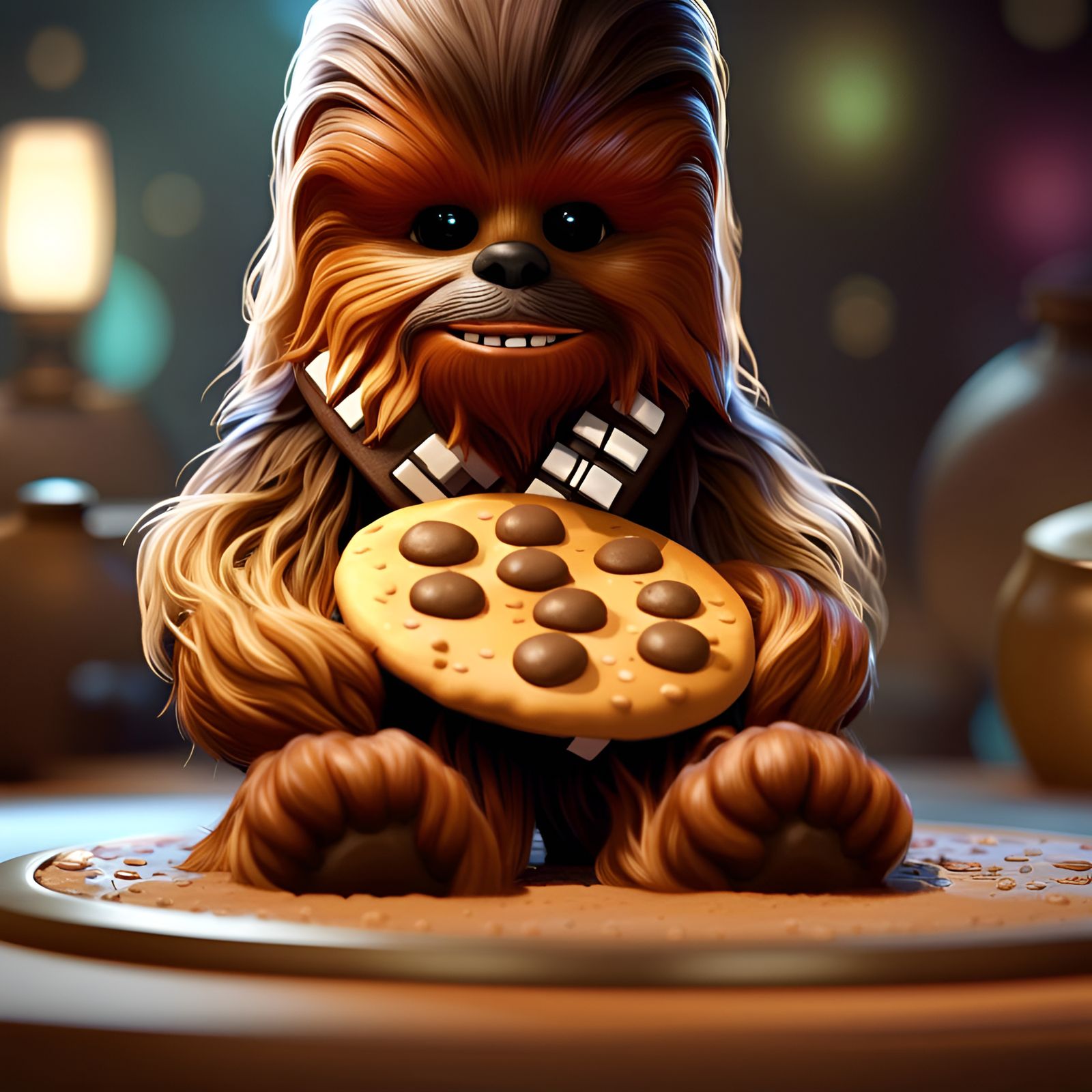 Adorable Chewbacca Holding Cookie: 3D Render