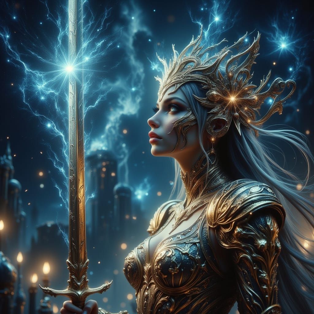 Art Deco Knight Gazing at Nebula