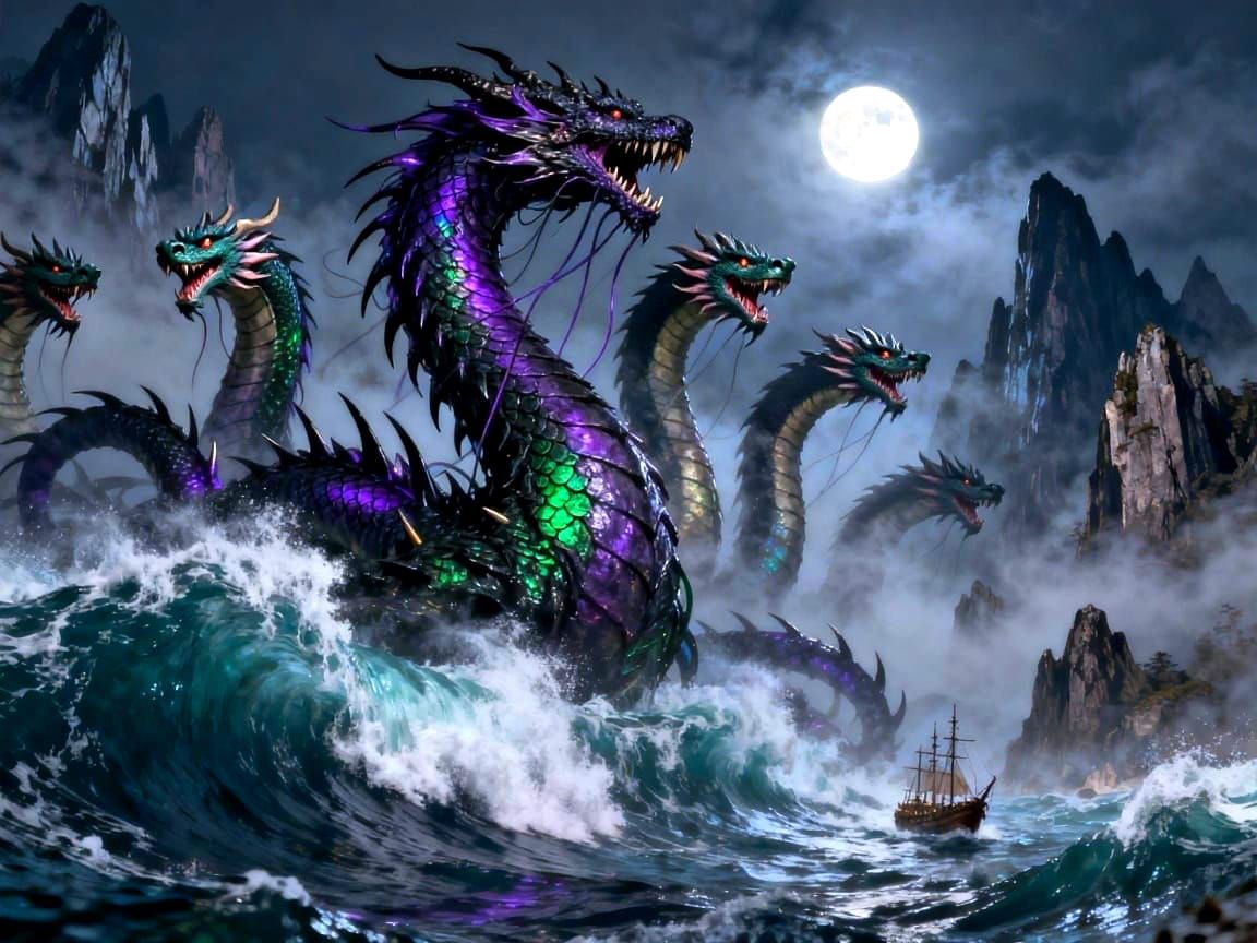 Scylla Hydra Creature with Dog-Tiger-Dragon Heads
