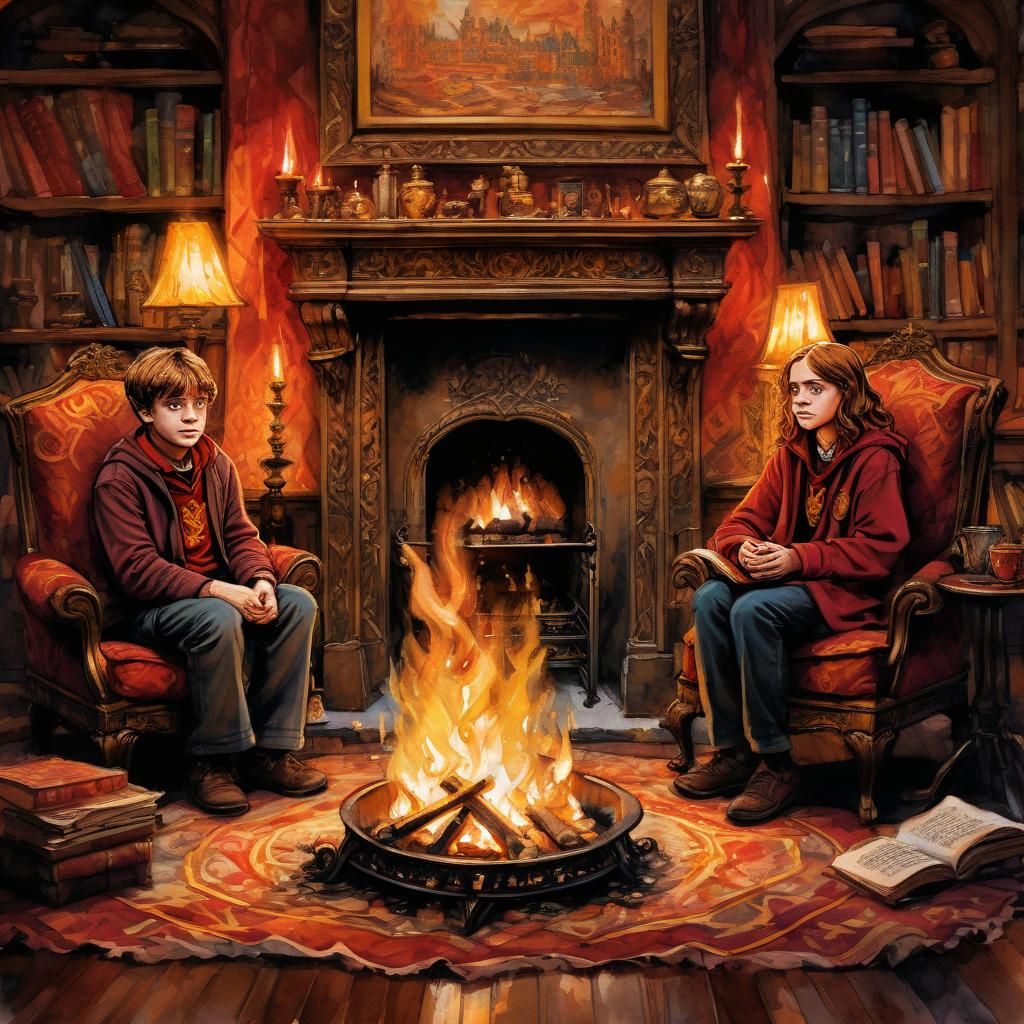 Harry, Ron, and Hermione in Gryffindor: Watercolor Sketch