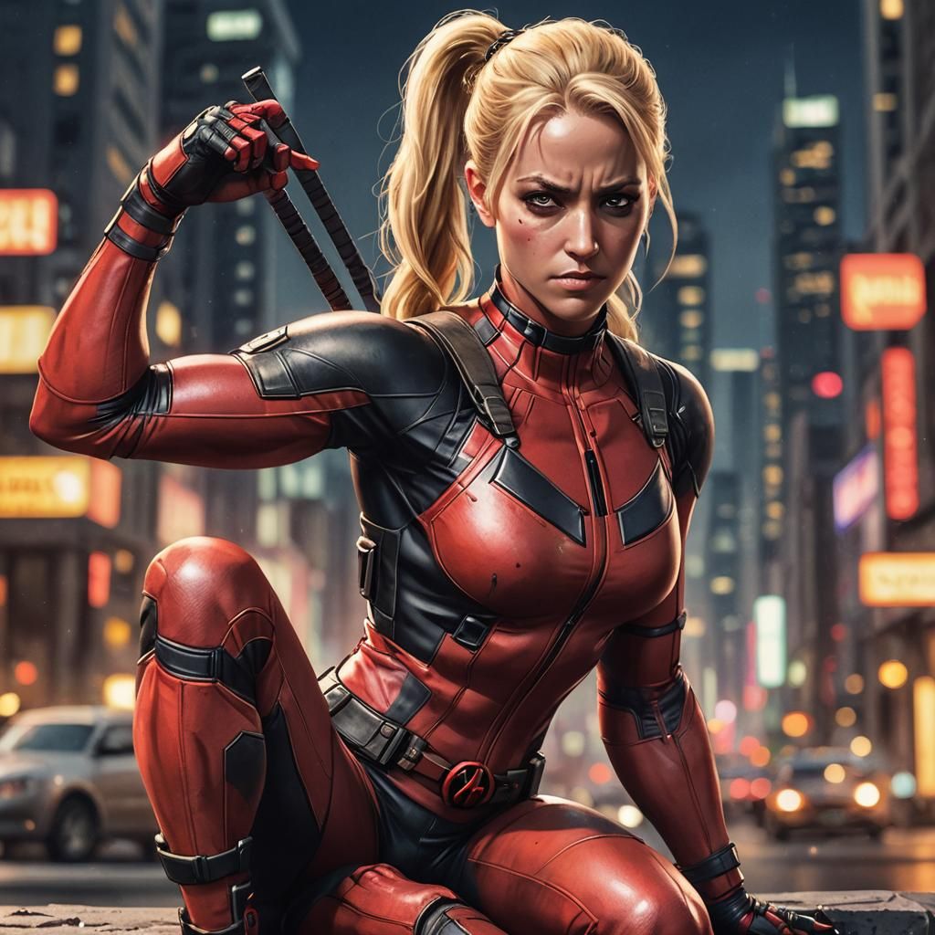 Blonde Deadpool Woman in Heroic Comic Book Style
