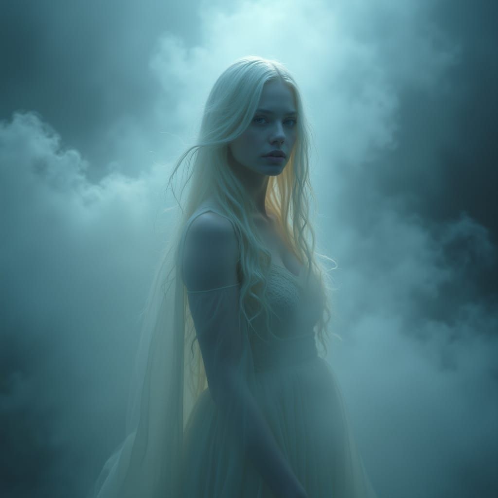 Ethereal Woman in Mystical Mist, Inspired by Cyberpunk Art