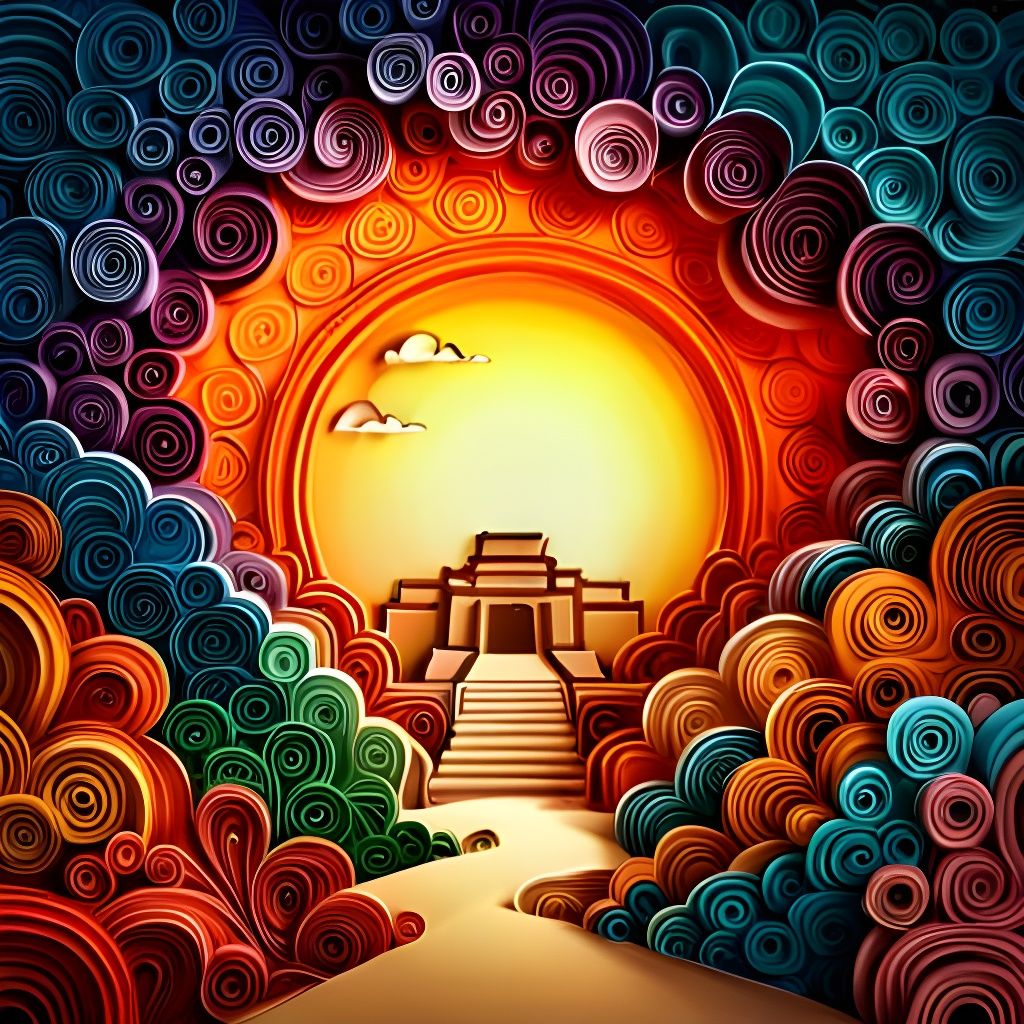 Sunset Over Ancient Maya Ruins in Paper Quilling
