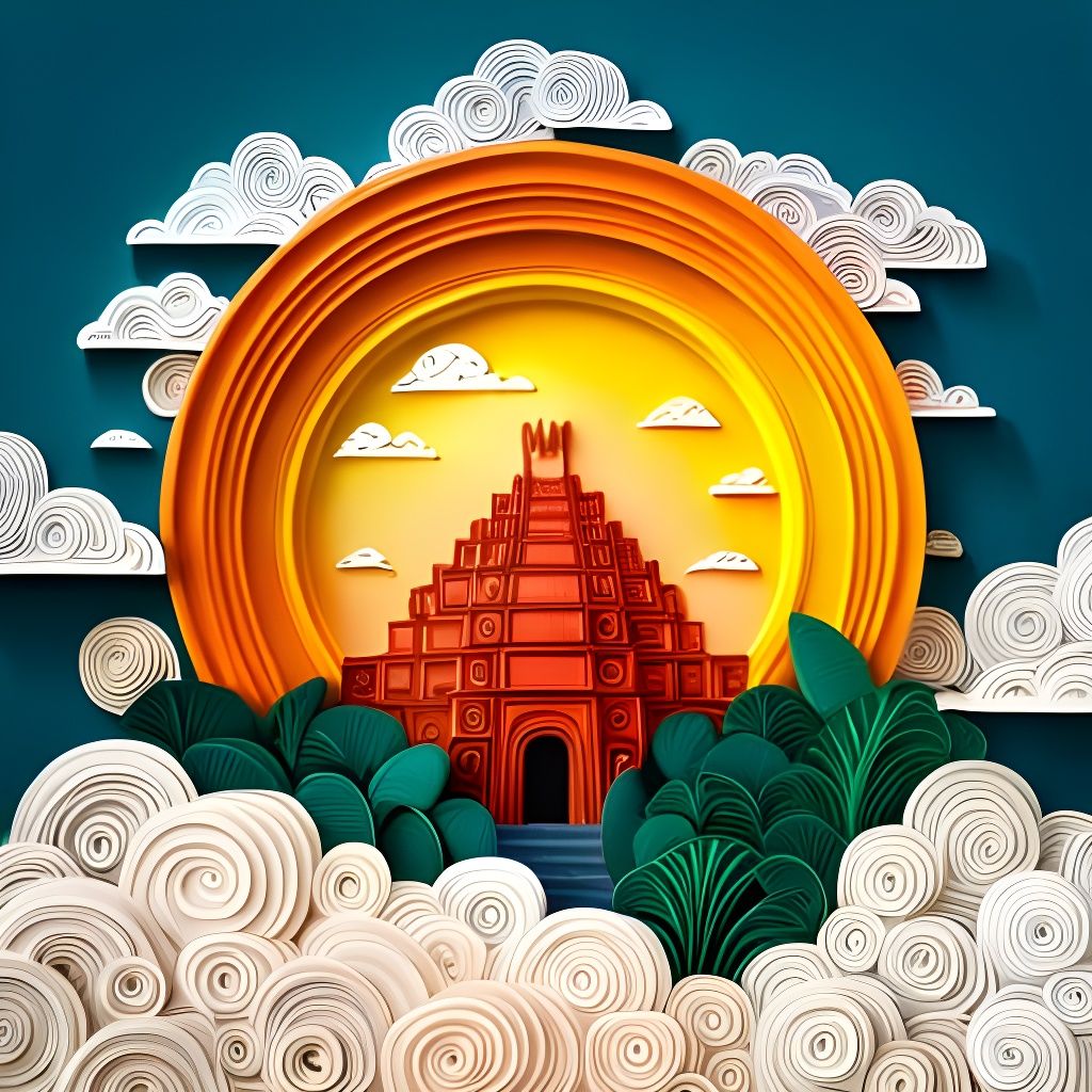 Sunset Over Maya Ruins in Paper Quilling Style