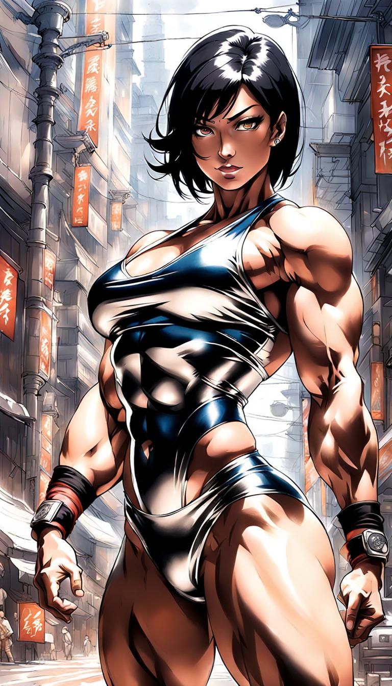 Powerful Athlete Flexing in Town Square: Japanese Art Style