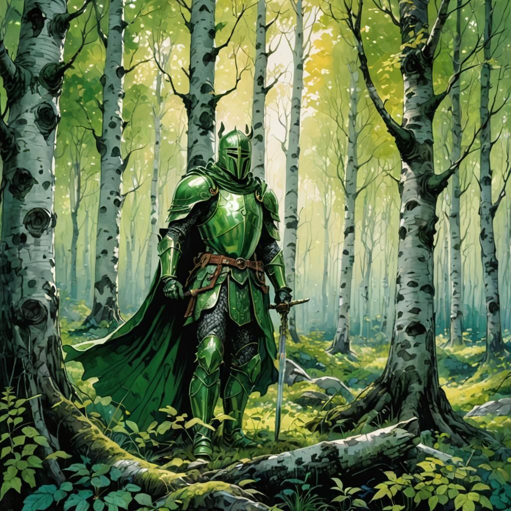 Mystical Green Knight in High Fantasy Forest
