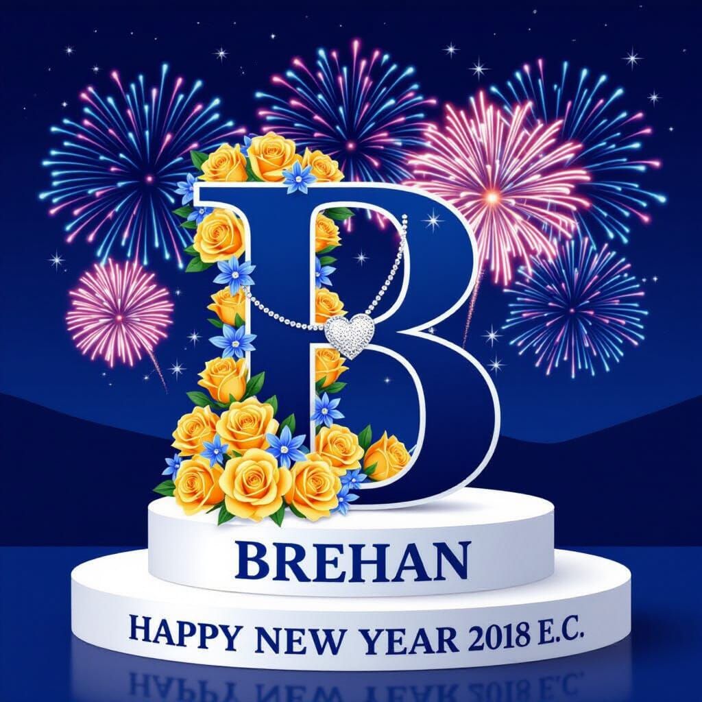Festive New Year's Image: Embossed Blue 'B' with Fireworks