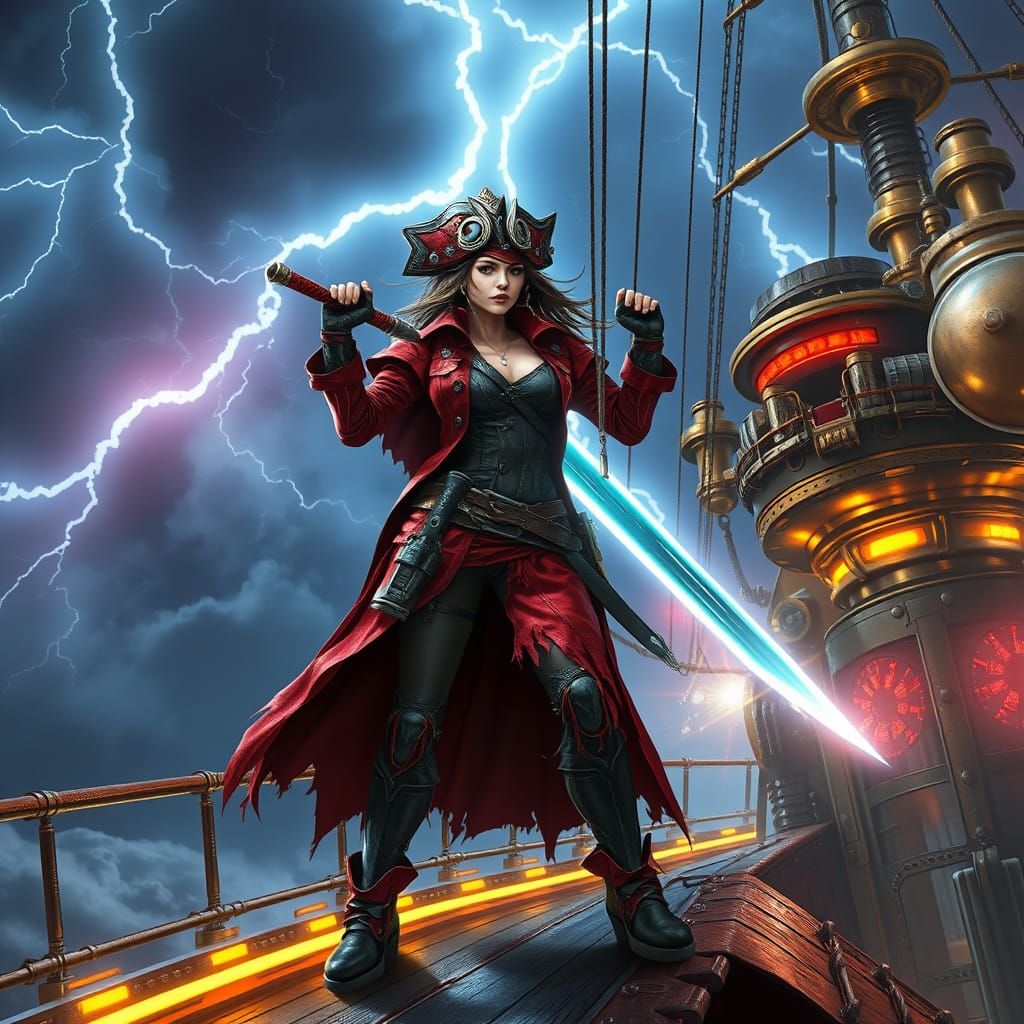 Cyborg Pirate on Airship in Cyberpunk Style