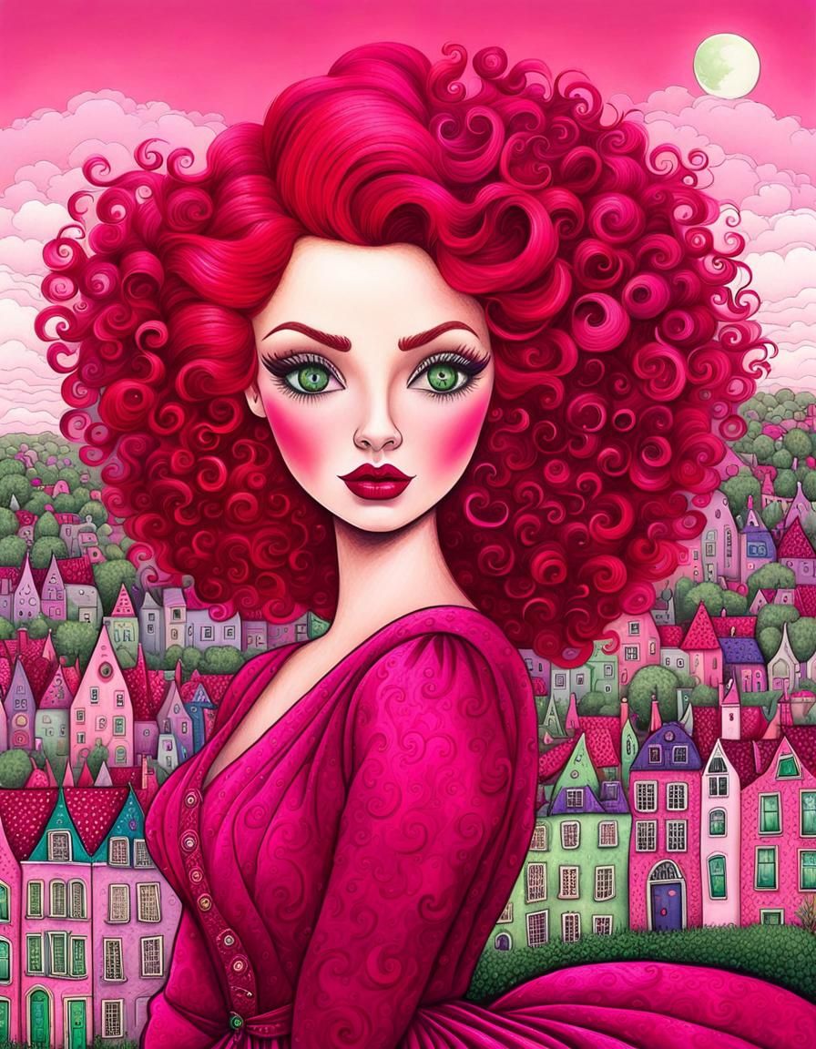 Surreal Pinup Girl with Red Hair in Pink Cityscape