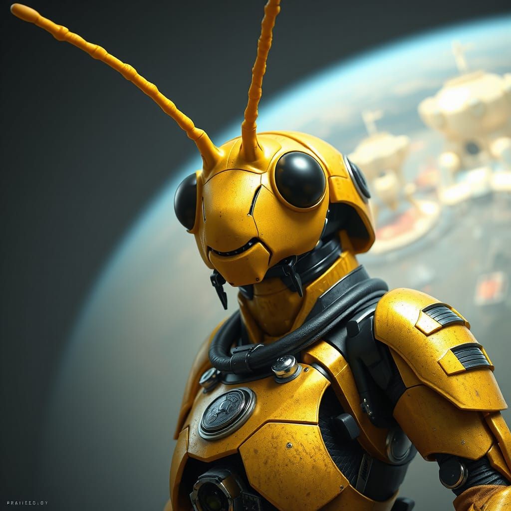 Sci-Fi Grasshopper Warrior in Spaceport, Digital Painting
