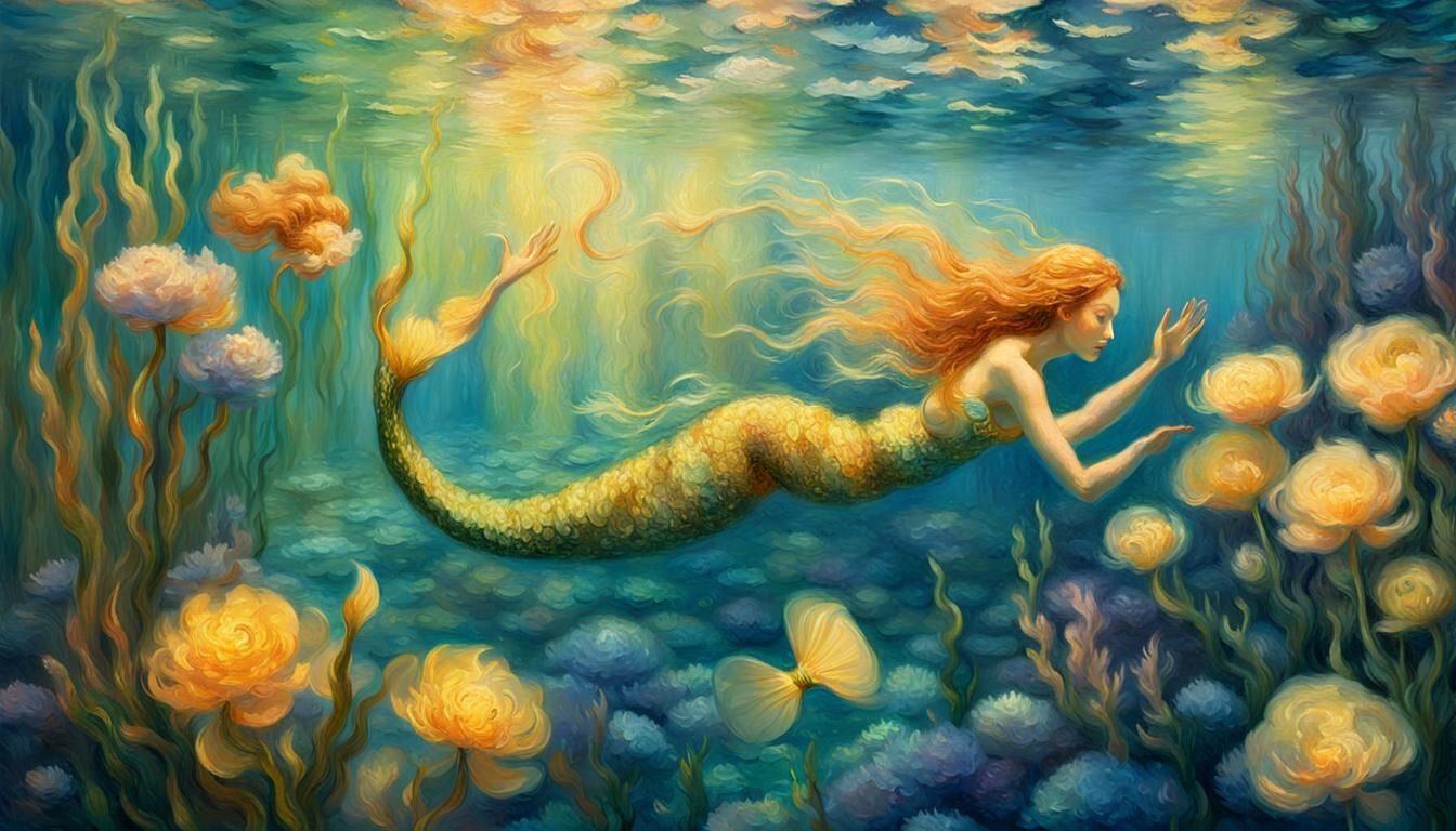 Mermaid Marvels at Underwater Garden, Impressionist Style