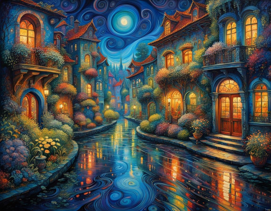 Rainy Cityscape in Marbled Psychedelic Style