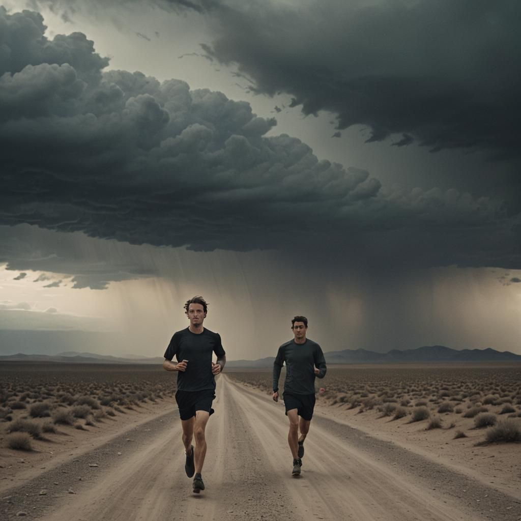 Runner in Deserted Landscape: Cinematic, Surreal Drama