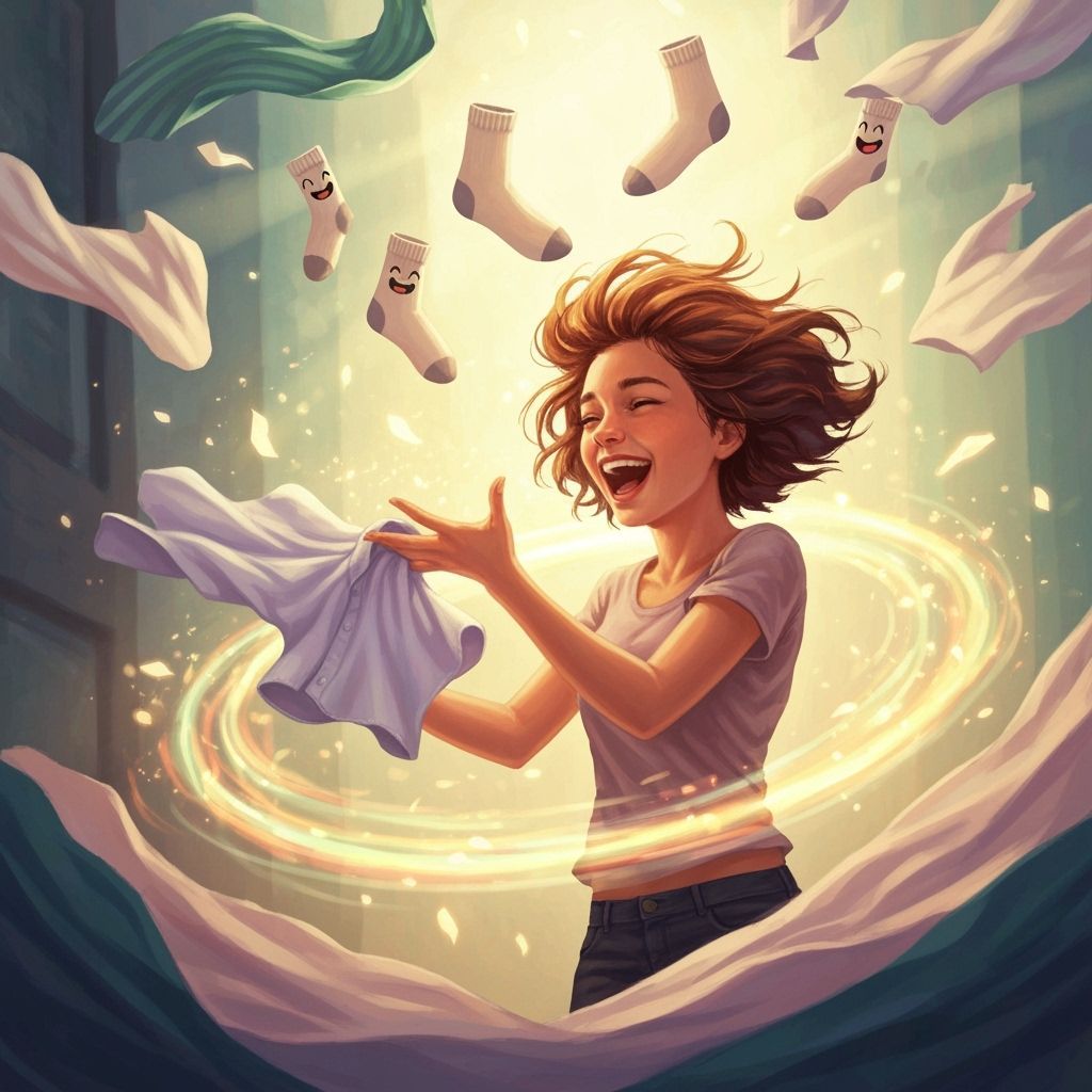 Woman Laughing as Magic Folds Laundry