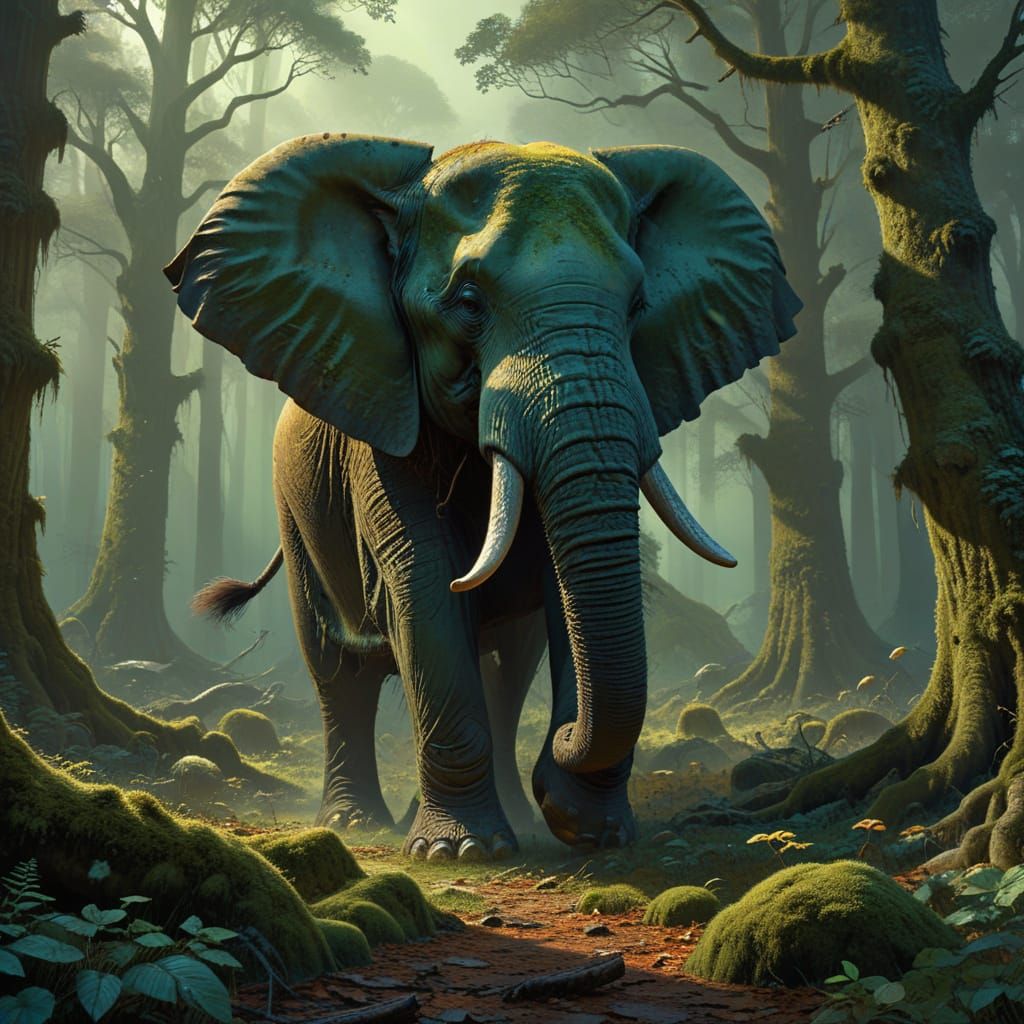 Majestic Elephant in Ancient Forest Clearing Digital Paintin...