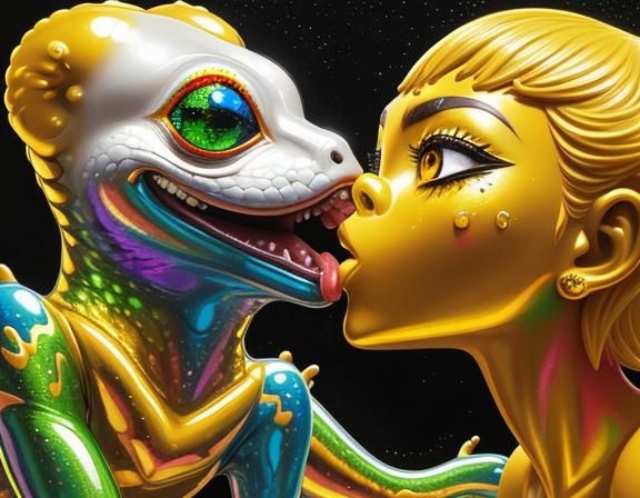 Iridescent Gecko Kisses the Moon: Graffiti Art
