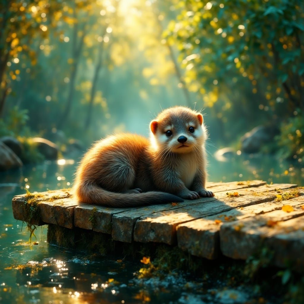 Surreal Otter Basks in Golden Light on Weathered Dock