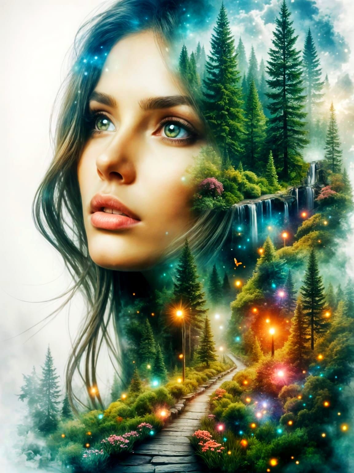 Double Exposure Portrait: Woman in Blended Landscapes