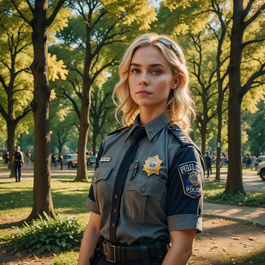 Blonde Police Officer in Park, Fantasy Concept Art