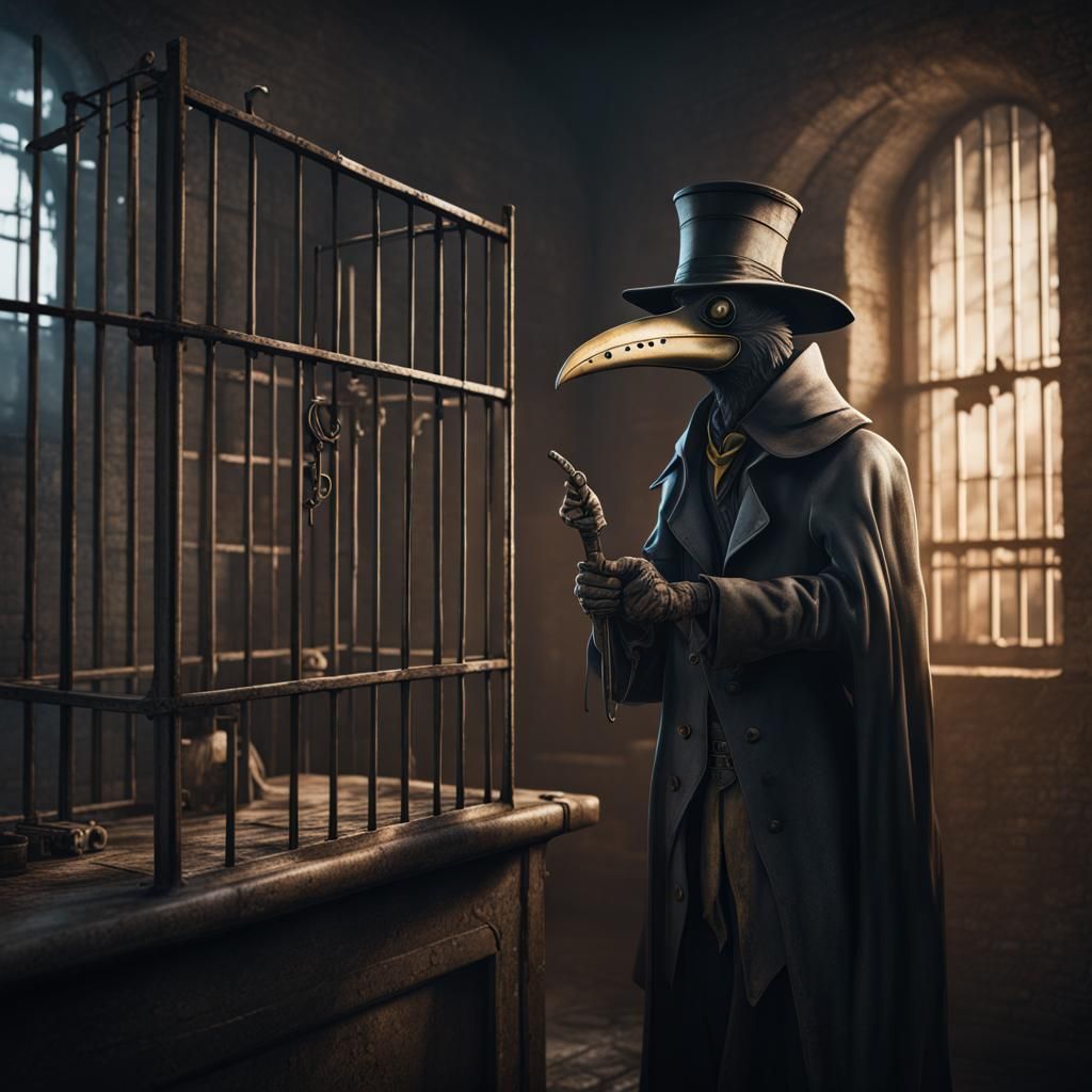 Plague Doctor Bird in Jail Cell: Detailed Matte Painting