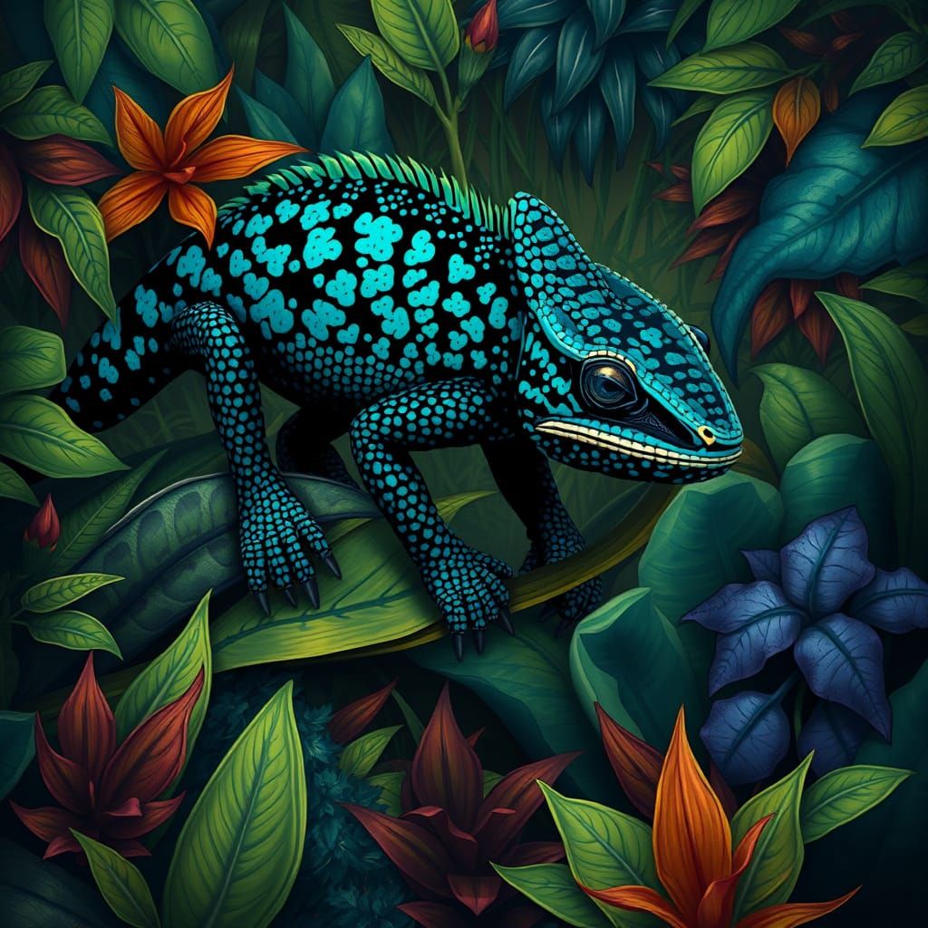 Iridescent Chameleon Leopard in Jungle Art