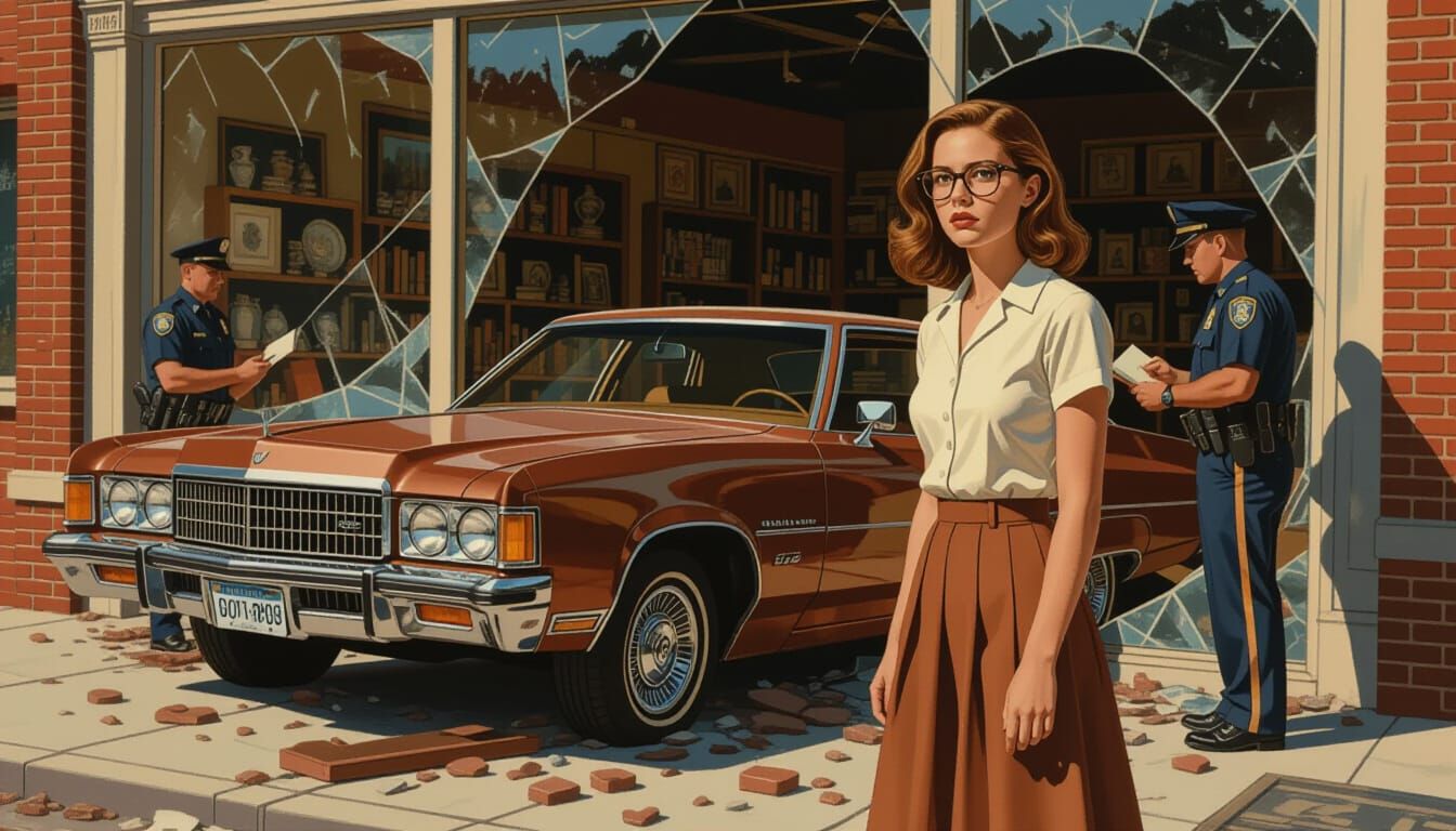 Woman Beside Car After Crashing Into Antique Store