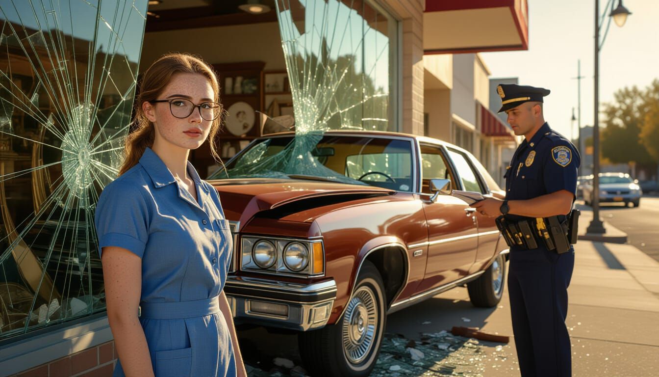 Woman Next to Damaged Buick After Crashing Into Antique Stor...