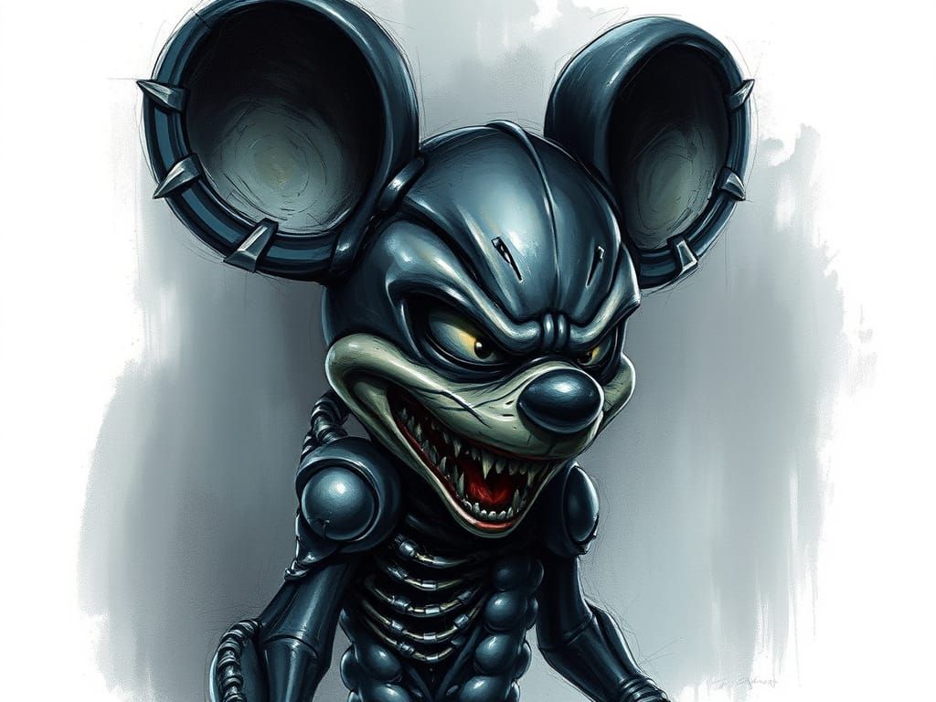 Menacing Mickey Mouse in H. R. Giger Biomechanical Style
