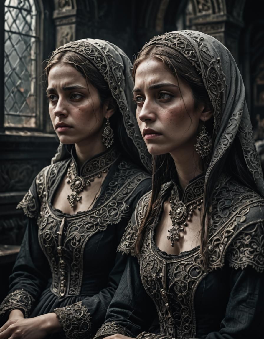 Hyperrealistic Sorrow Sisters in Cinematic Style