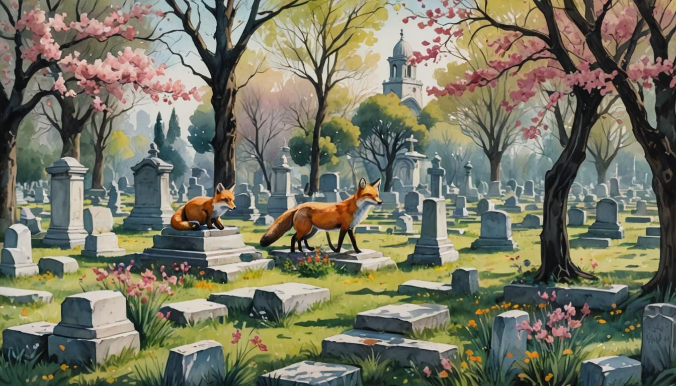 Fox in Ancient Greek Cemetery: Watercolor Gouache Painting