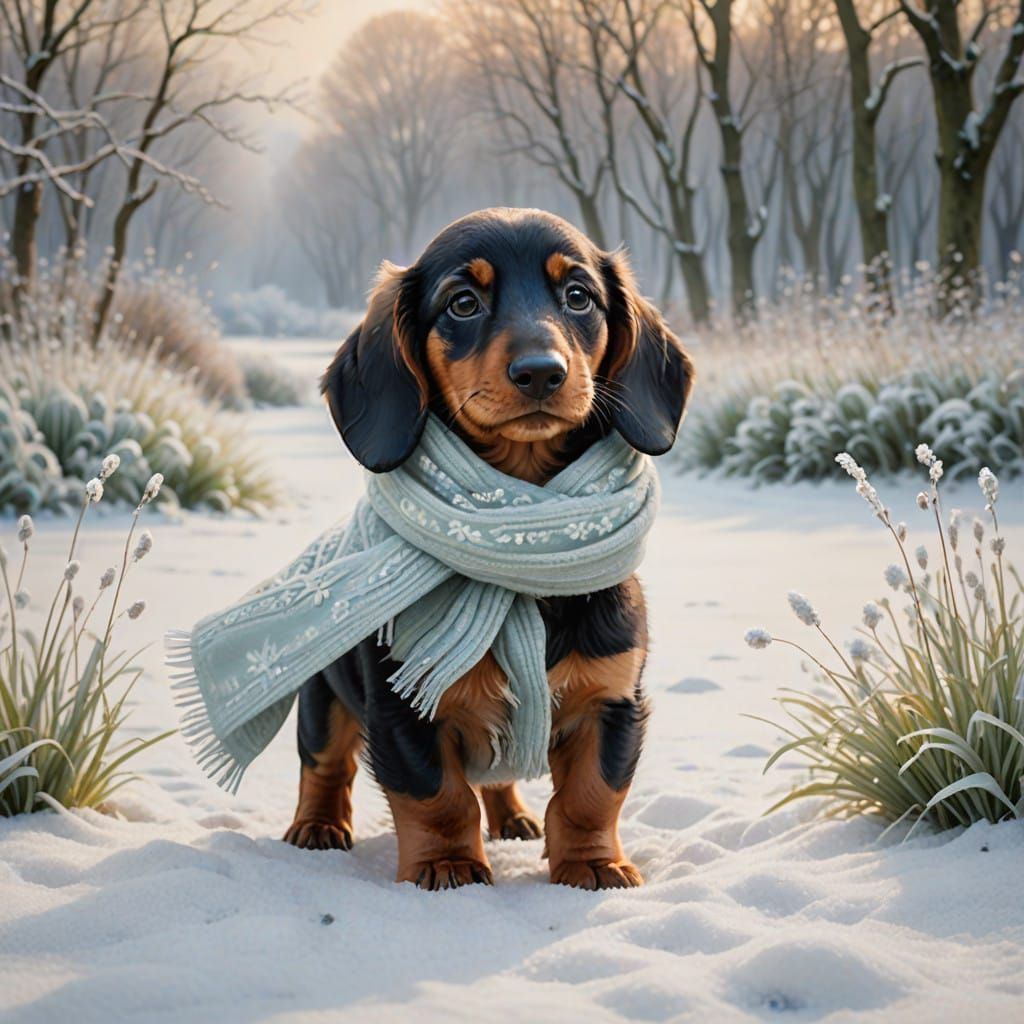 Snowy Winter Wonderland with Hidden Daschund Puppy