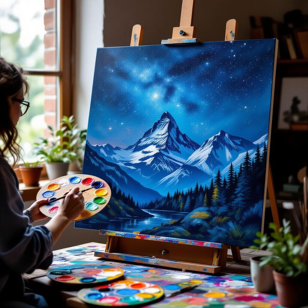 Artist Paints Starry Mountain Scene Impressionist Oil Style