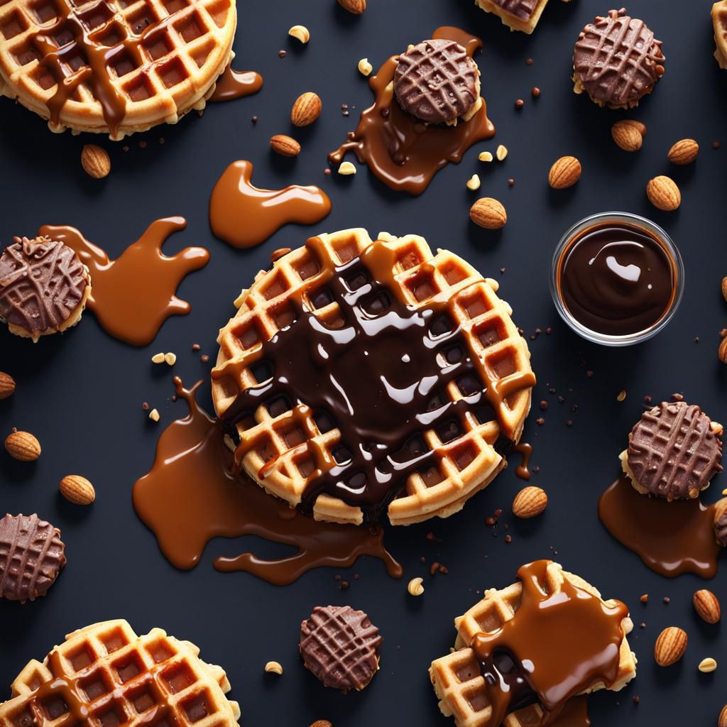 Round waffle drizzled with chocolate sauce, caramel sauce and hazelnut pieces