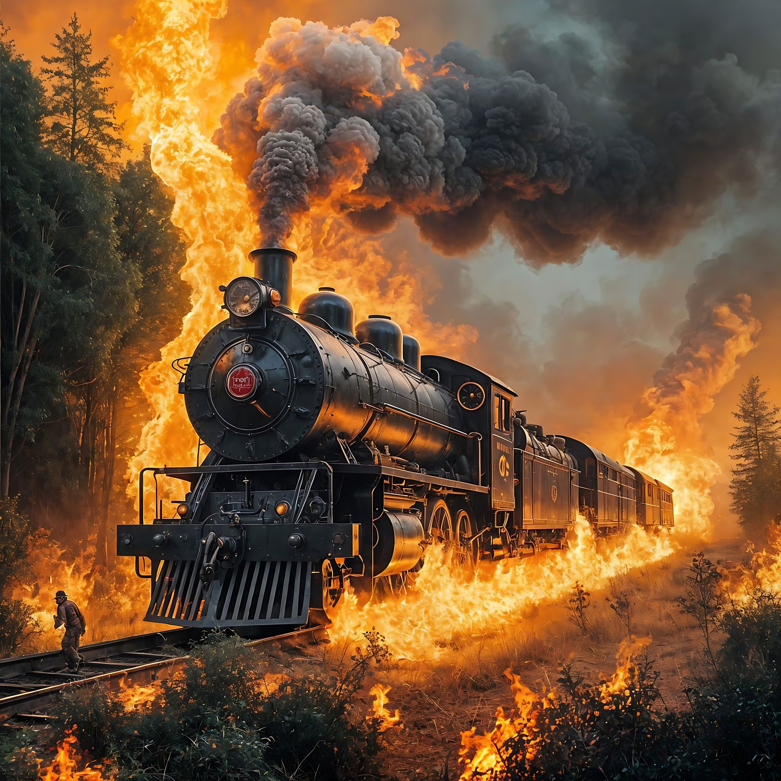 Burning Steam Train Emerges from Firestorm