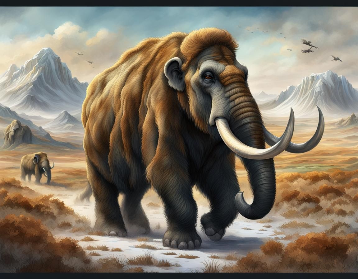 Pleistocene Woolly Mammoth in Vintage Watercolor Style