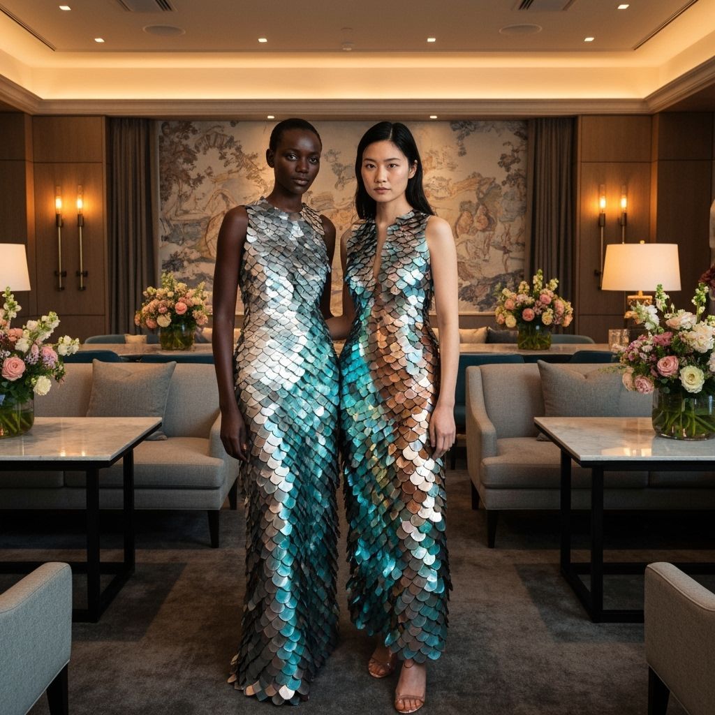 Elegant Women in Metallic Scale Gowns in Luxury Interior