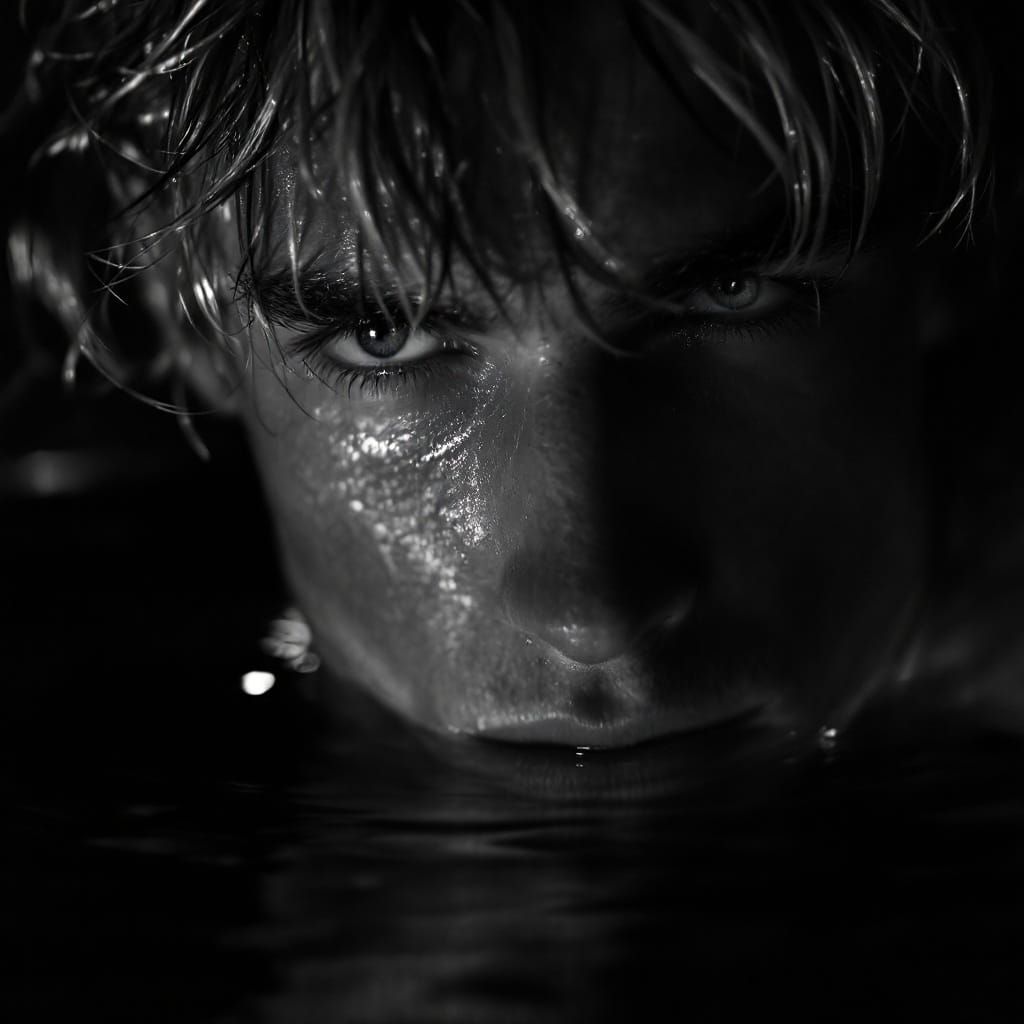Intense B&W Portrait of Blond Man in Water