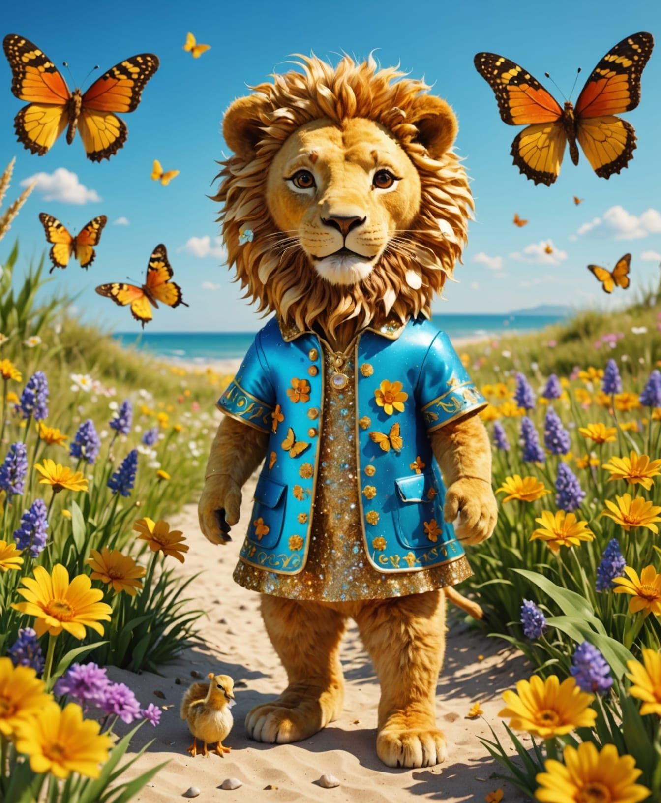 Vibrant Lion Celebrates Spring in Colorful Meadow
