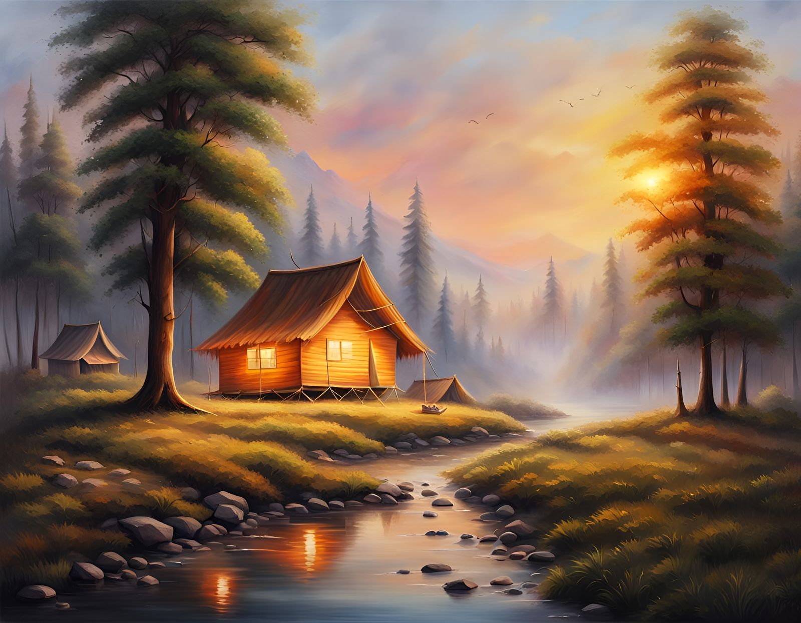 Sunset Campsite in Kashmir Forest: Ethereal Oil Painting