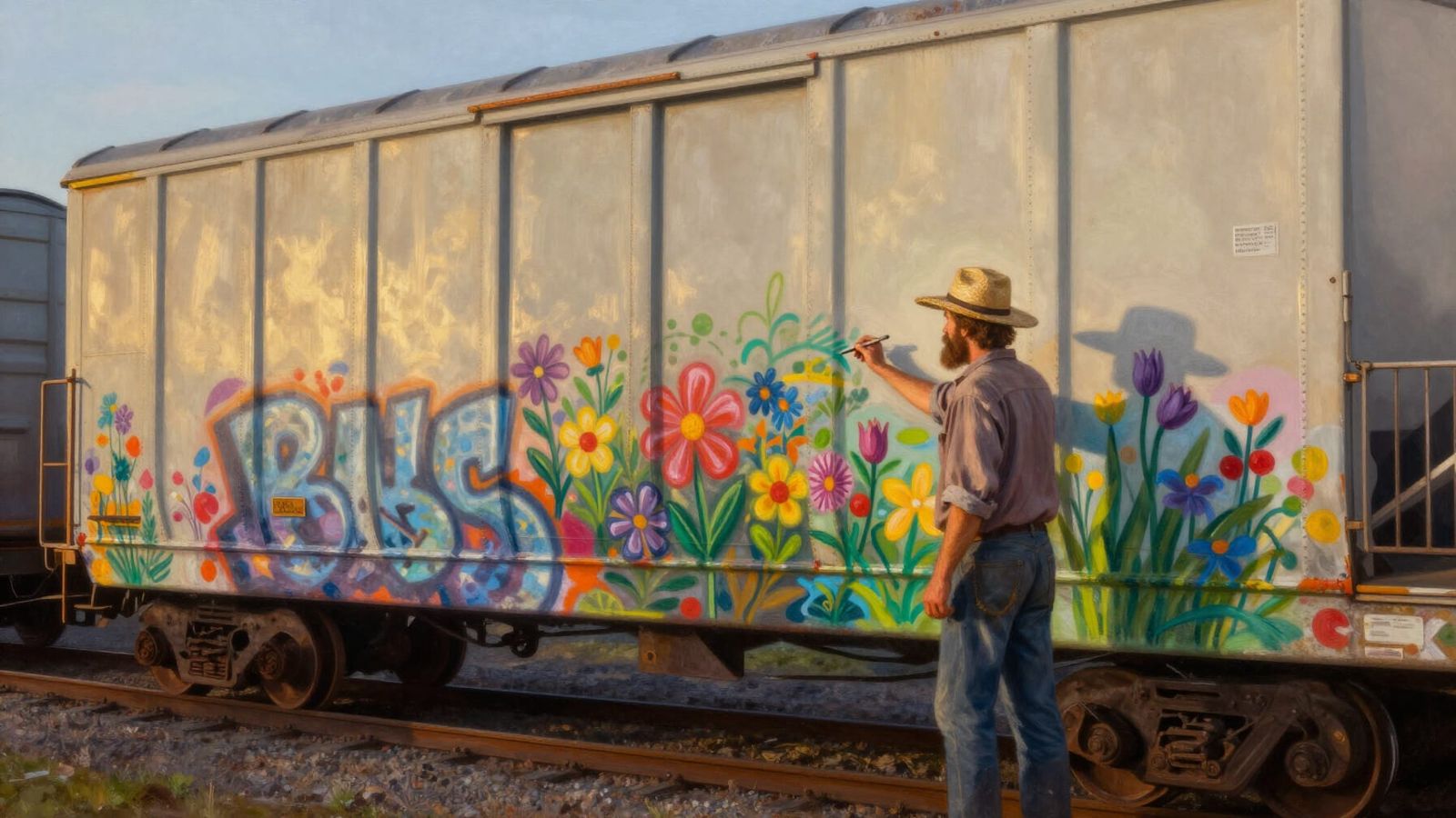 Amish Man Paints Graffiti on Train in Oil Painting Style